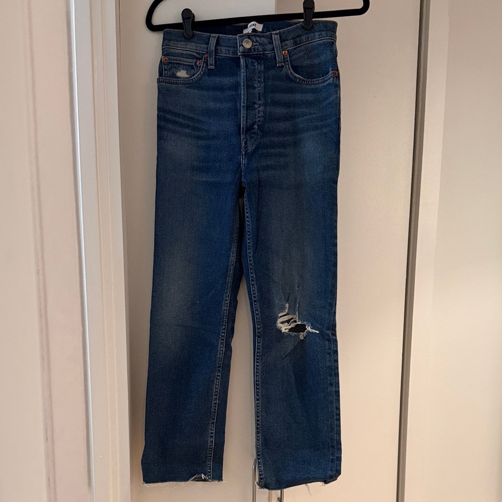 Re/Done Distressed Straight-Leg Blue Jeans